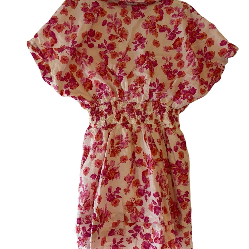 Fate Floral Mini Dress Size L Pink Orange Smocked Waist Boho Cottagecore - Picture 2 of 4